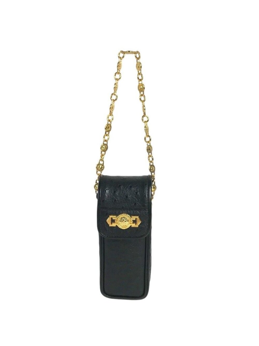 Versace Handbag Sunburst Logo Mobile Pouch Vintage Embossed Leather Black